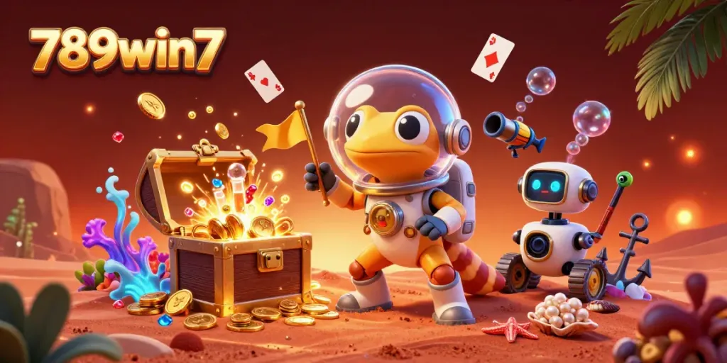 Experience the thrill of 789win7 as a Martian gecko unveils a golden casino amidst vibrant gaming elements.