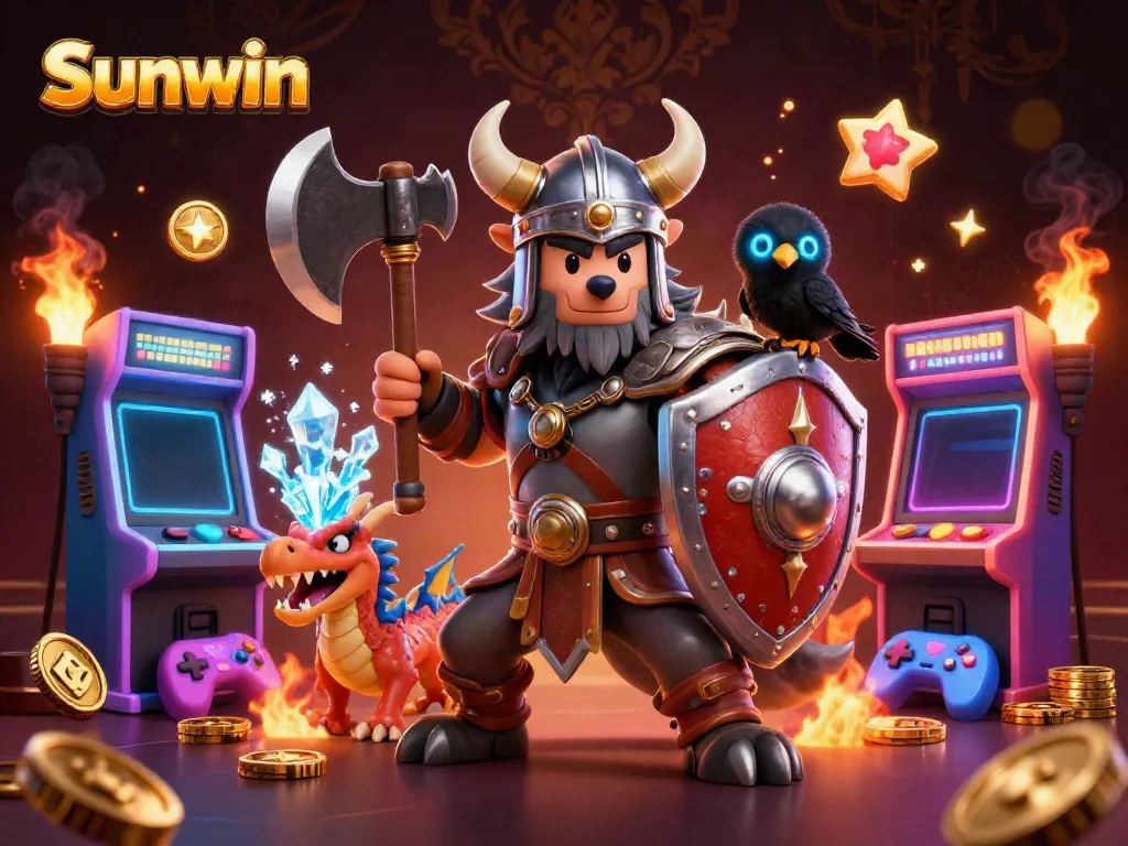Sunwin showcases a dynamic scene with a Viking wolf, fierce dragon, and glowing arcade elements for an engaging casino experience.