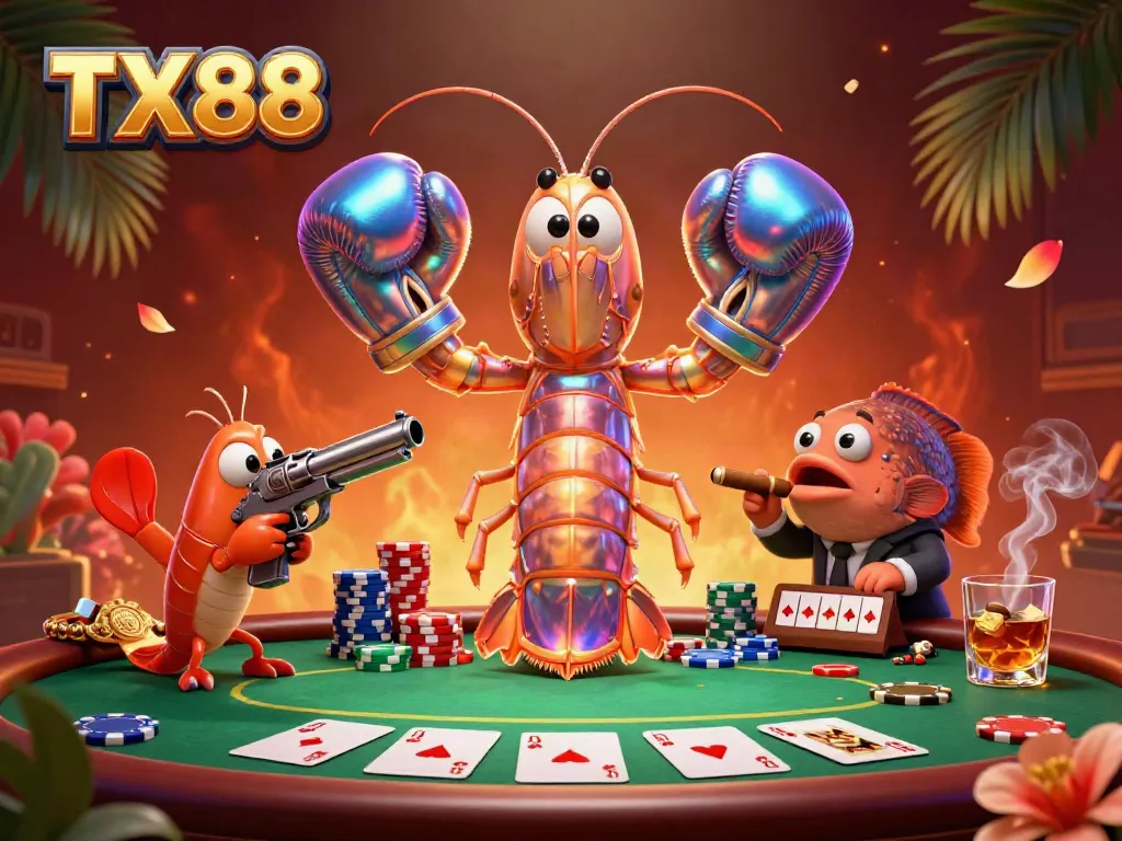 Experience thrilling poker action at TX88 with vibrant characters, chips, and cards in a packed casino illustration.
