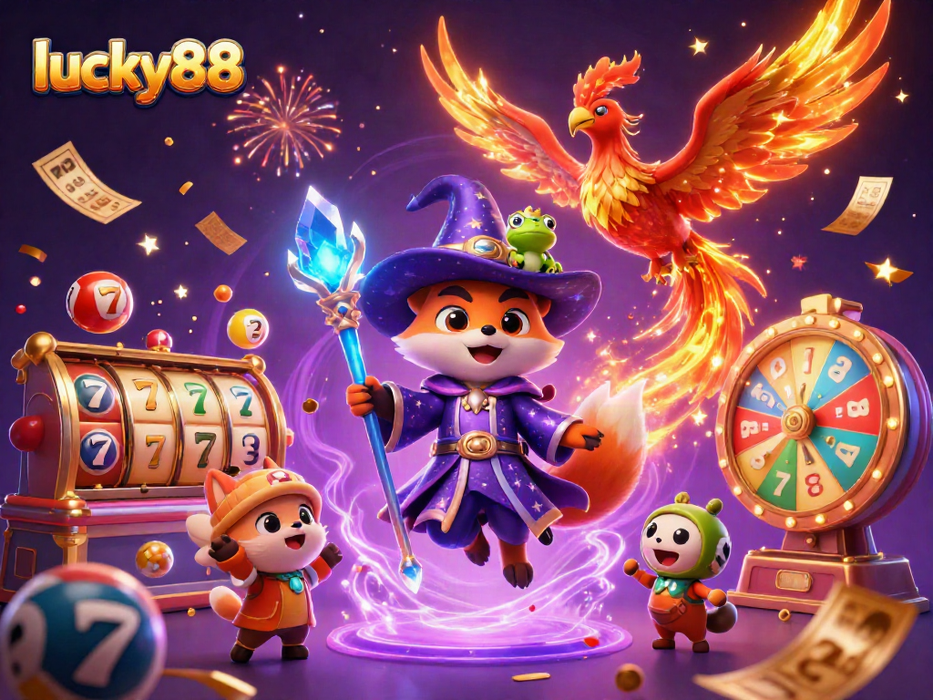 Experience the excitement of lucky88 with vibrant slot reels and magical characters interacting in a captivating scene.