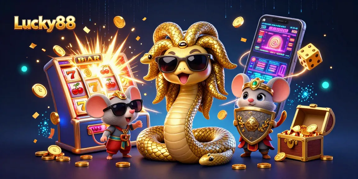 Win big with Lucky88 at this vibrant casino scene featuring 3D characters and jackpot elements.