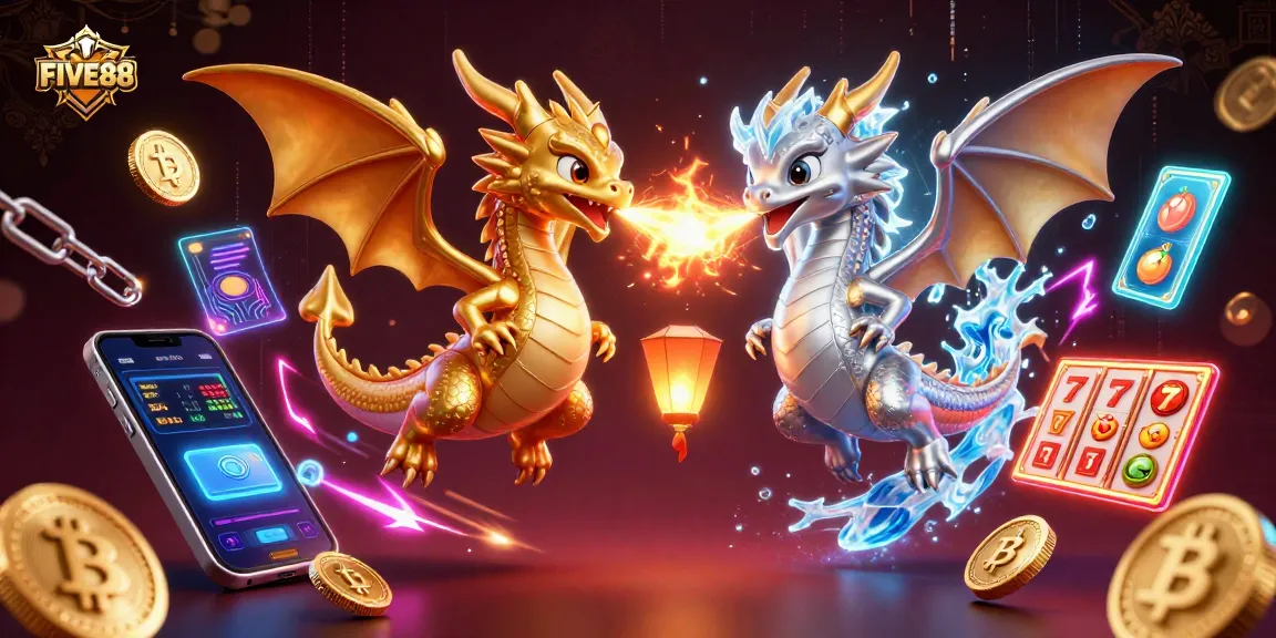 Engage with FIVE88’s thrilling games featuring gold and silver dragons amidst vibrant slot elements and crypto coins.