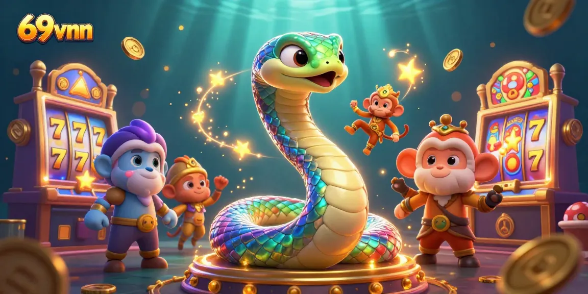Engage in the vibrant world of 69vnn, where a colorful serpent and monkey king bring exciting slots to life.