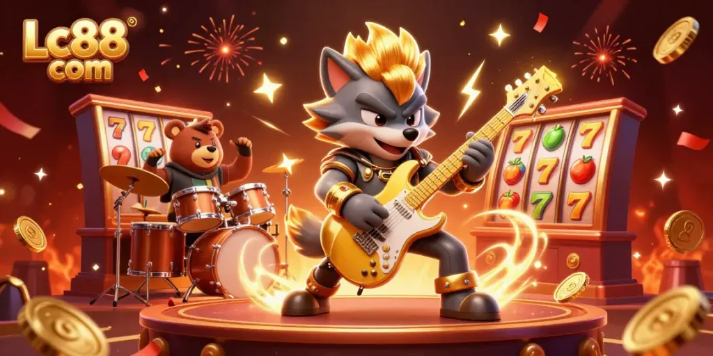 Join the thrilling action at Lc88 com featuring a rock star wolf and wild drummer bear onstage with gold coins flying around.