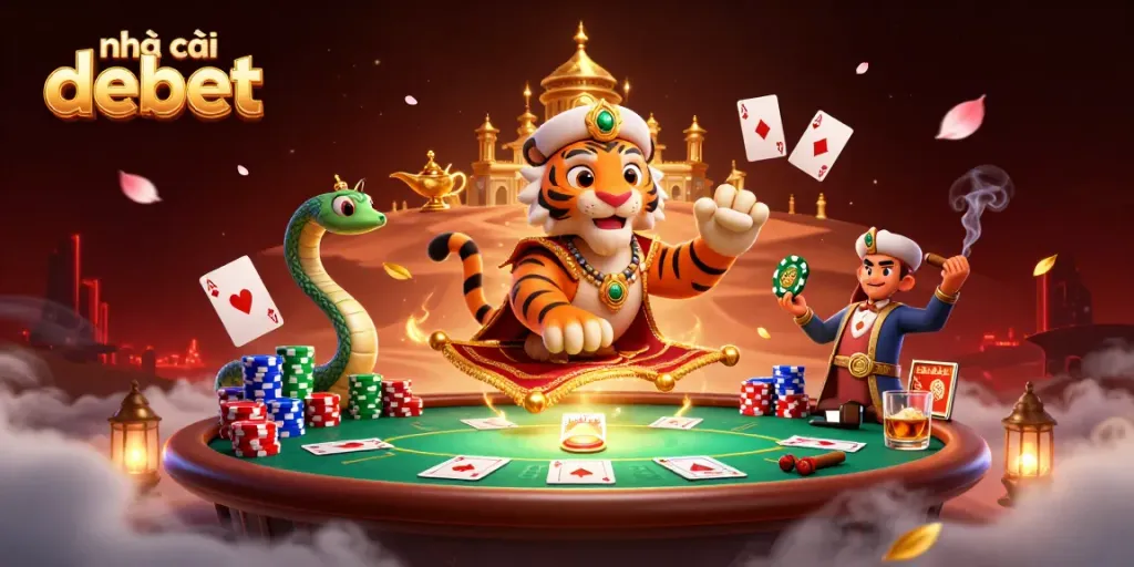 Experience the thrill of nhà cái debet with a vibrant 3D casino scene featuring a sultan and game elements.