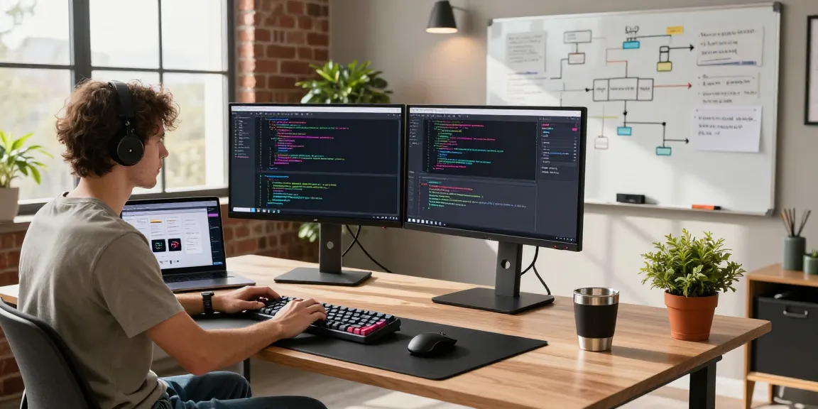 Build internal tools with AI in a modern software workspace with colorful code on screens.
