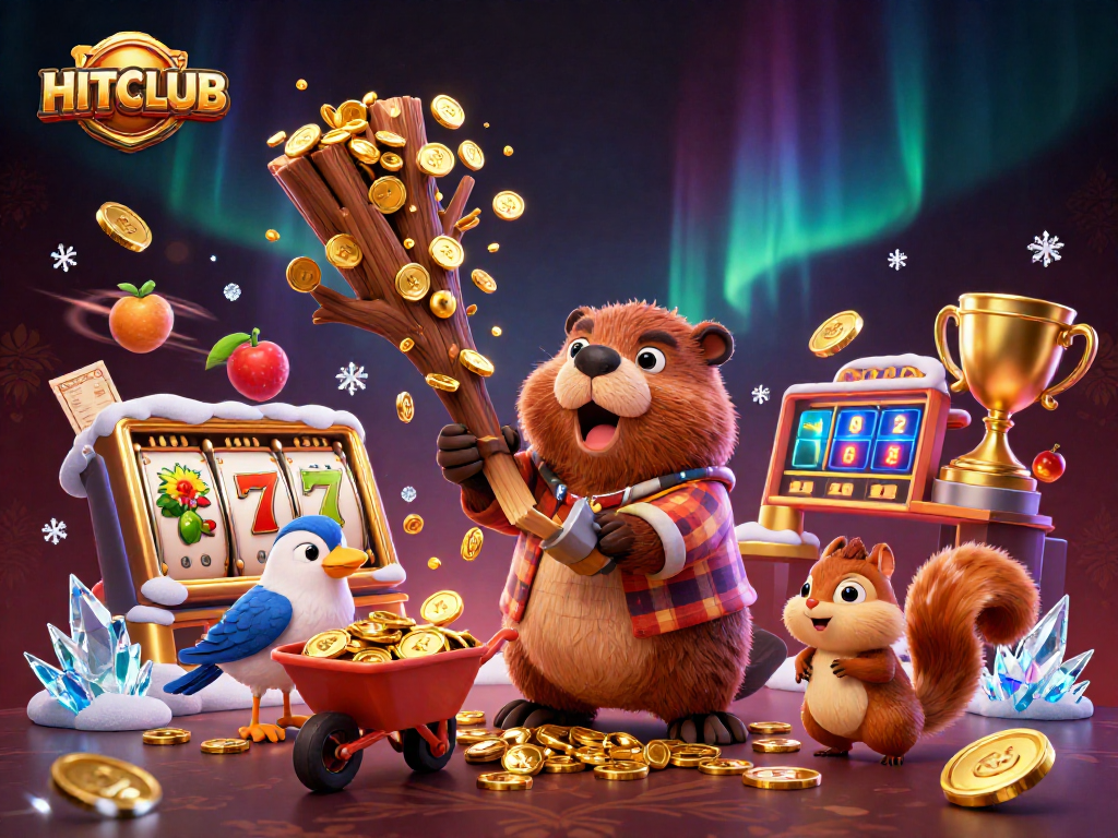 Spin the reels with HITCLUB as a beaver chucks coins, symbolizing rich gaming rewards.