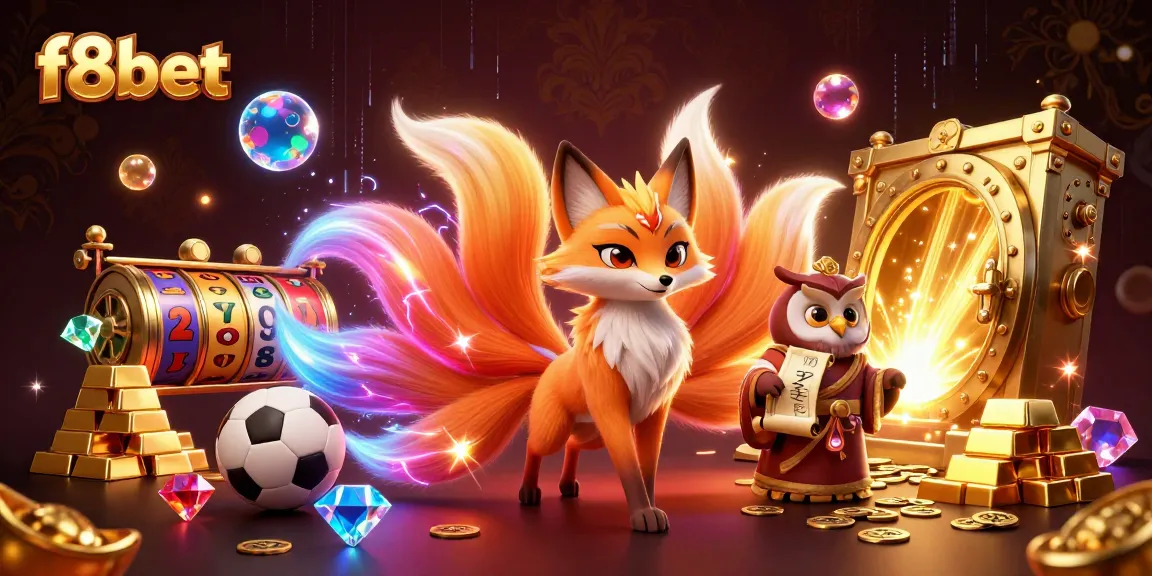 Play at f8bet with a vibrant 3D illustration of a nine-tailed fox spirit and treasure elements.