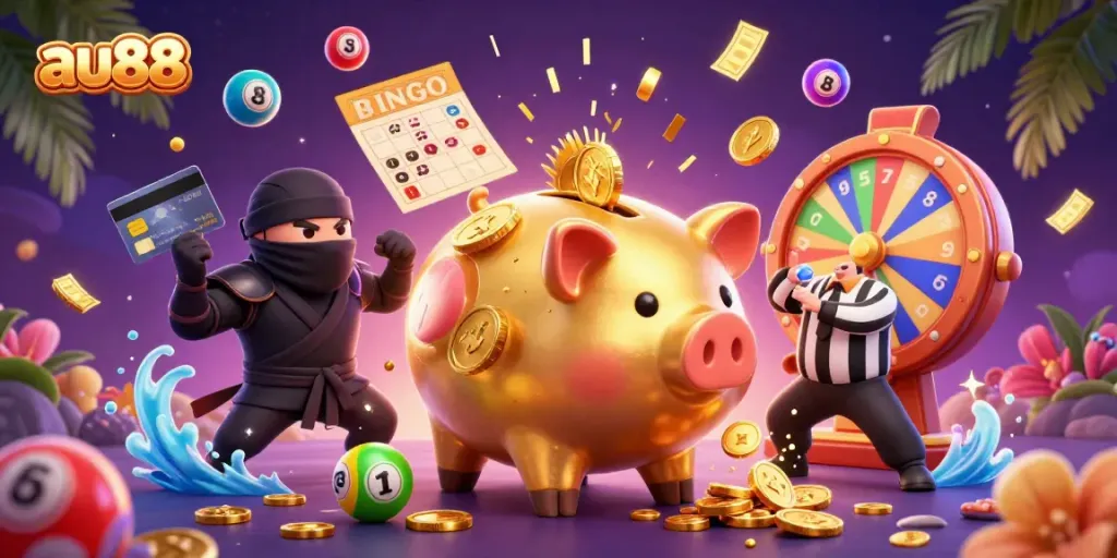 Experience vibrant gameplay at au88 with a dynamic casino scene featuring a golden piggy bank sumo wrestler and colorful elements.