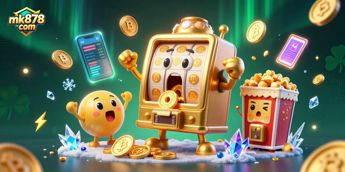 Watch mk878 com's golden slot machine hit the jackpot with cheering baby machines and crypto elements.