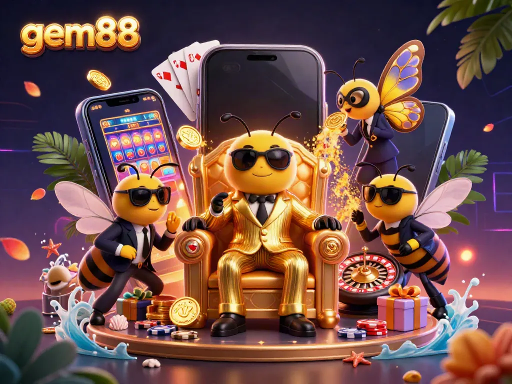 Experience the excitement at gem88 with a vibrant, dynamic illustration depicting casino games and thrilling wins.