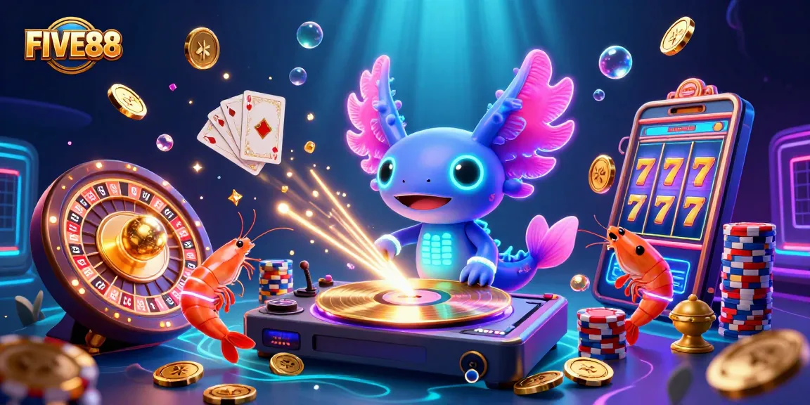 Experience excitement with FIVE88 as the neon axolotl DJ spins vibrant casino games in a dazzling underwater scene.