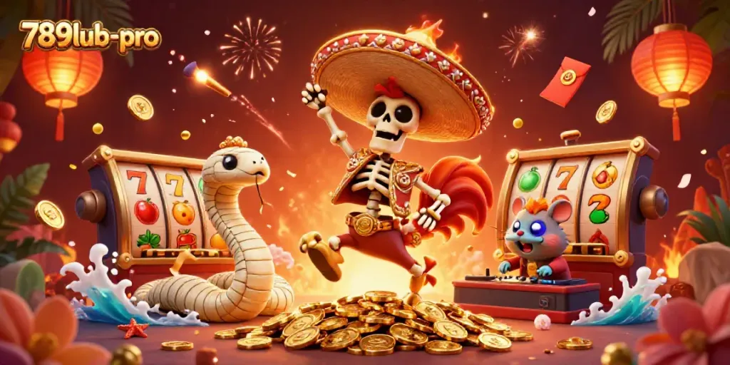Experience winning excitement with 789lub-pro in this vibrant casino scene featuring a rooster and jackpot symbols.