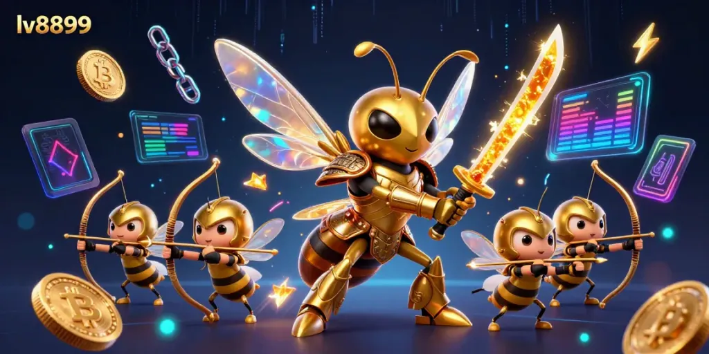 Engage in thrilling gameplay with lv8899 as a giant golden hornet samurai battles alongside bee archers in a vibrant casino environment.