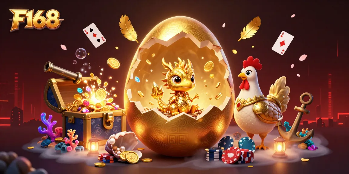 Explore F168's thrilling adventures in this colorful casino-themed illustration featuring golden dragon and poker chips.