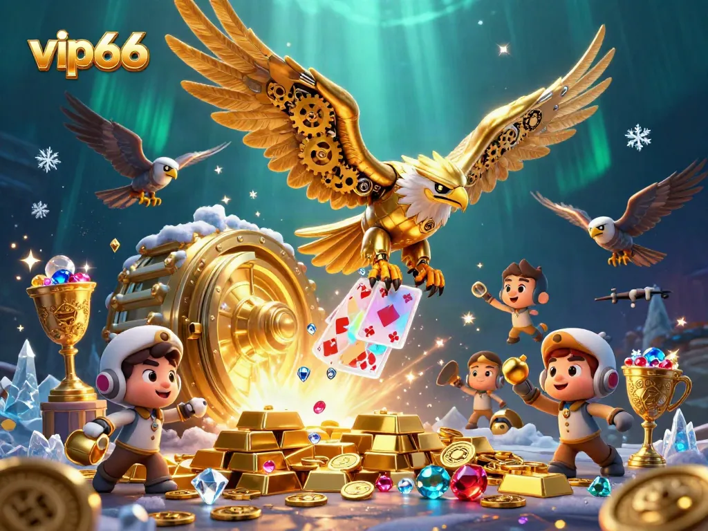 Experience the thrilling dive of the vip66 cybernetic eagle amid sparkling casino treasures and vibrant casino elements.