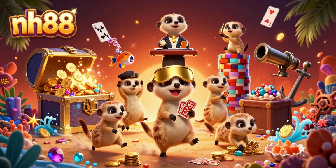 Meerkats running the nh88 casino with treasure chests and vibrant game elements.