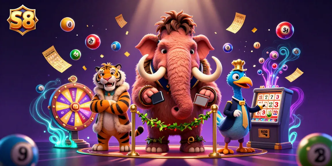 S8 entertains with colorful lottery balls and a lively casino scene featuring whimsical characters.