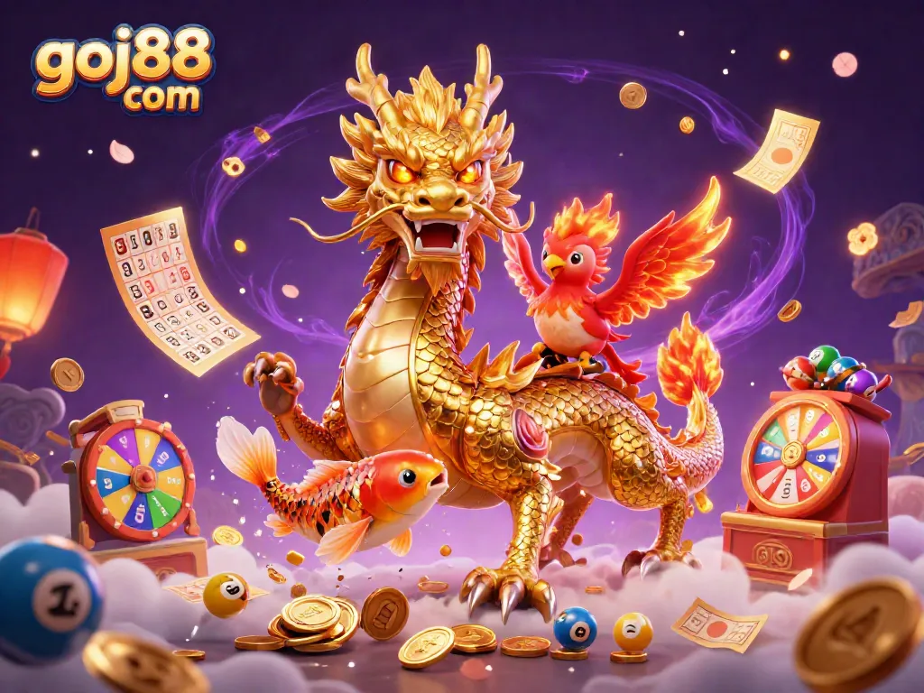 Experience thrilling gameplay at goj88 com with a dynamic scene of a powerful dragon, phoenix, and koi fish celebrating a jackpot.