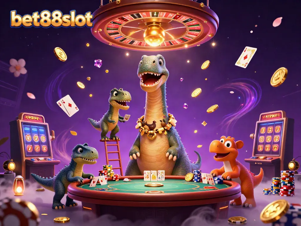 Experience winning moments at bet88slot with a vibrant casino scene featuring a playful brontosaurus and raptor dealer.