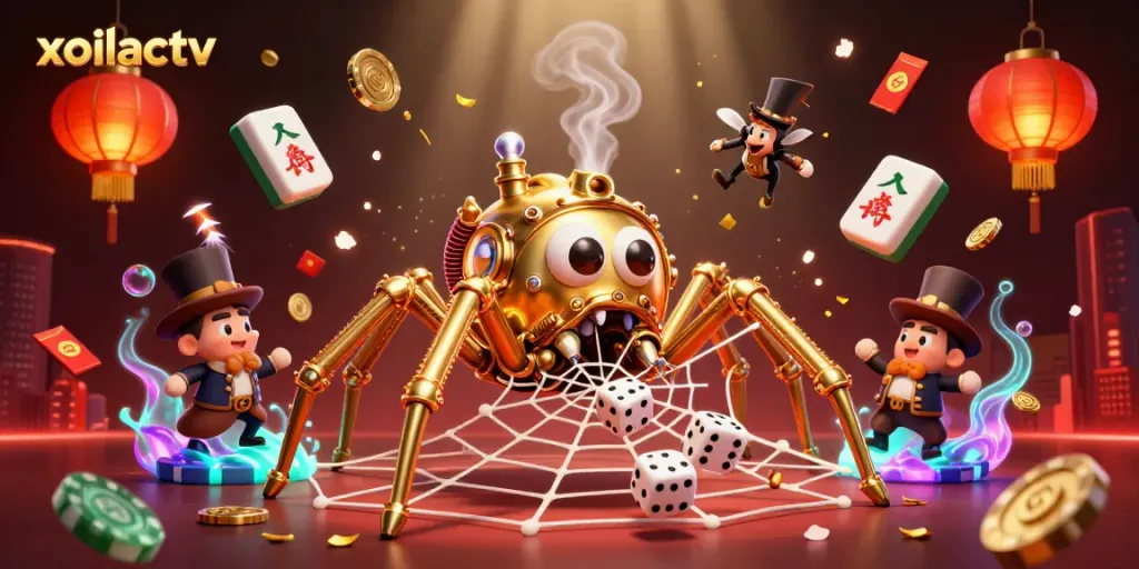 The dynamic scene depicts xoilactv with a golden spider and decorative casino elements, illustrating excitement.