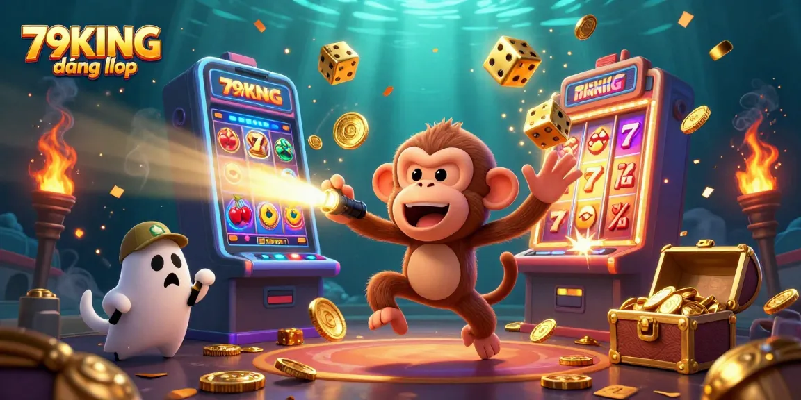 Exciting 79KING đăng nhập experience with a mischievous monkey and curious puppy in an animated casino.