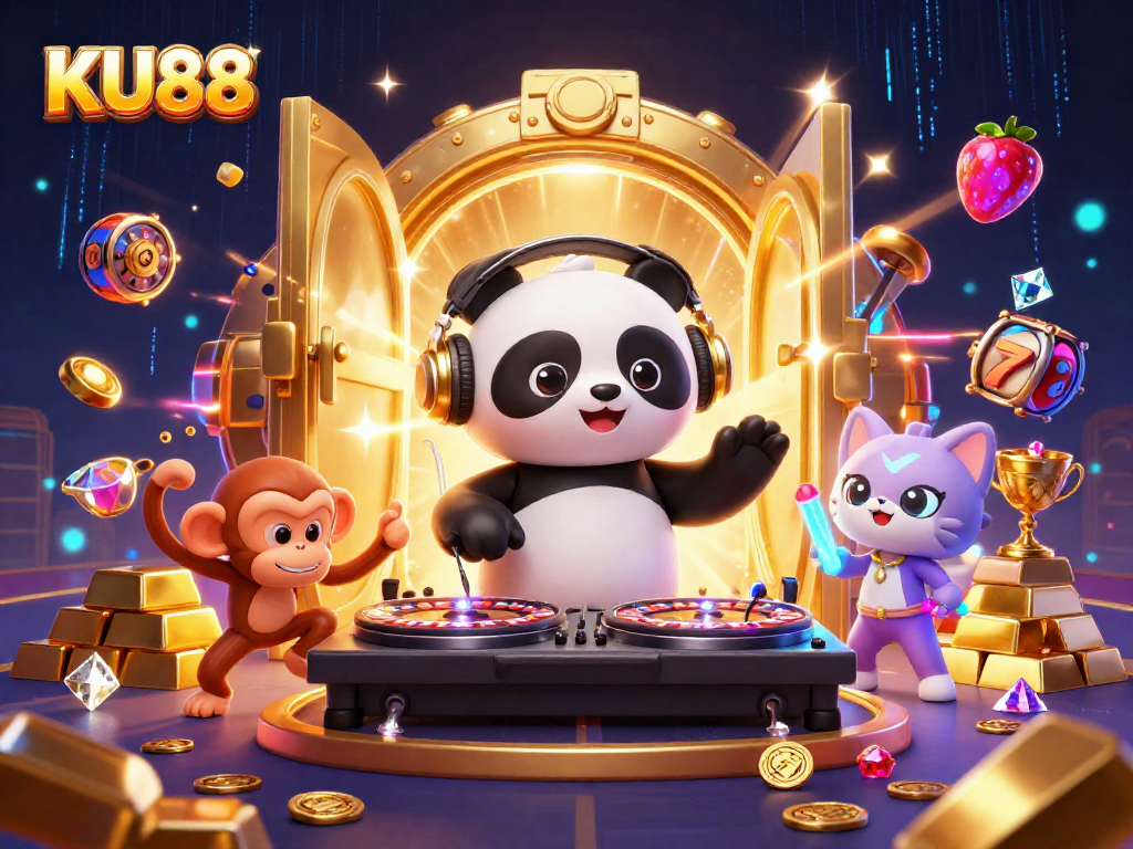 Experience the thrill of gambling at KU88 with a lively scene of a DJ panda and friends spinning luck into action!
