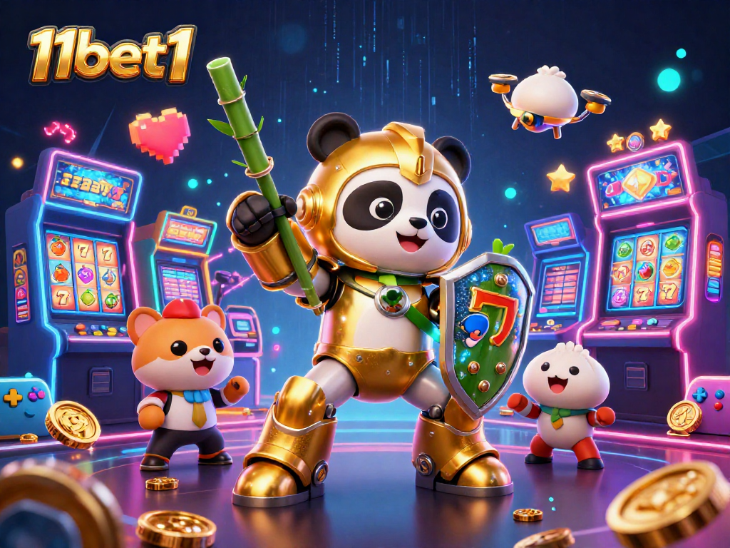 Engage with 11bet1 in a vibrant casino scene featuring a mech-suit panda and colorful slot machines.