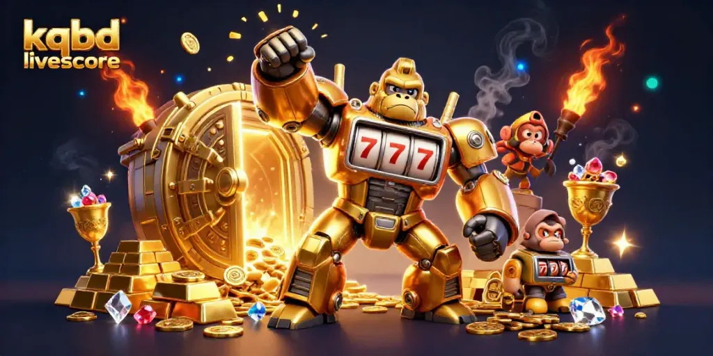 Impressive kqbd livescore digital illustration featuring a mechanical gorilla mech surrounded by treasures and dynamic effects.