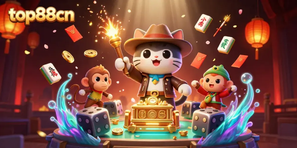 Experience the thrill at top88cn with a treasure-hunting cat archaeologist amidst dazzling casino elements.
