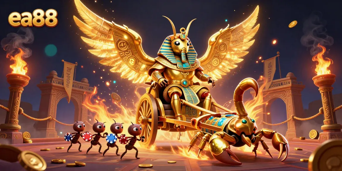 ea88 showcases a colossal scarab beetle and scorpions in a vibrant casino scene filled with treasures.