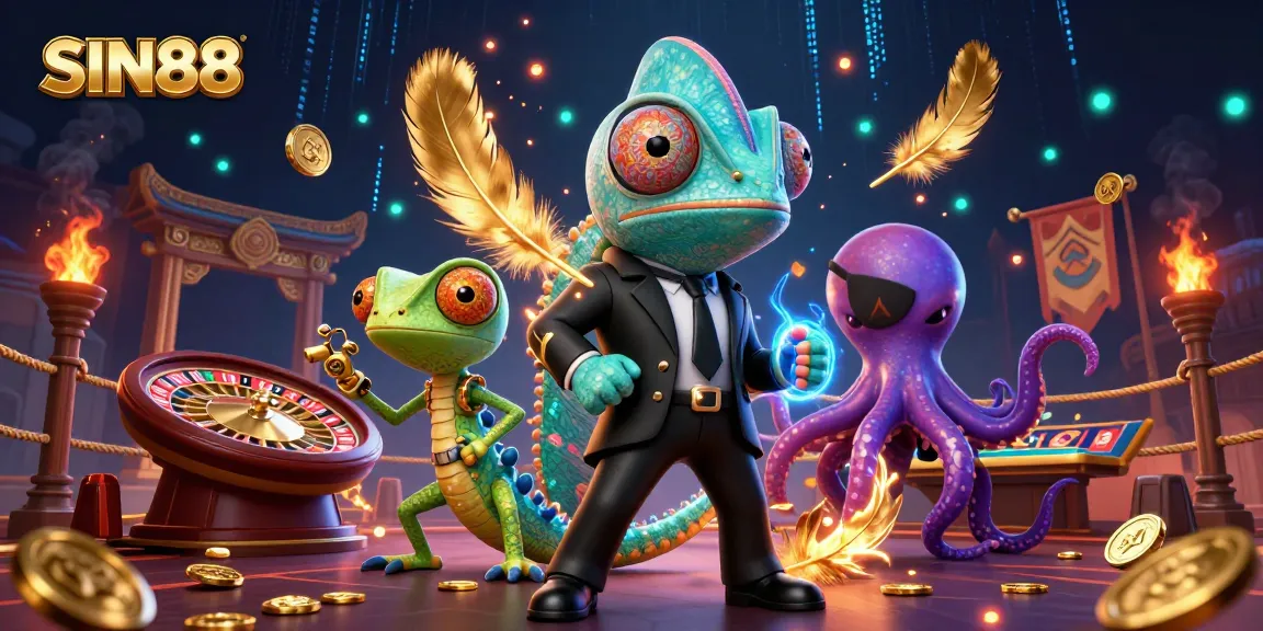SIN88 showcasing a vibrant 3D casino scene with a chameleon, gecko, and octopus amidst dynamic gaming elements.