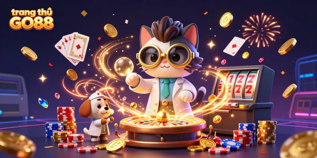 Experience gaming excitement at trang chủ GO88 with a mad scientist cat creating gold coins in an action-packed casino illustration.