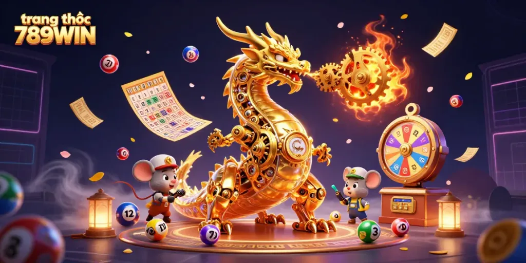 Engage with the dynamic world of trang chủ 789WIN, featuring a biomechanical golden dragon surrounded by colorful lottery elements.