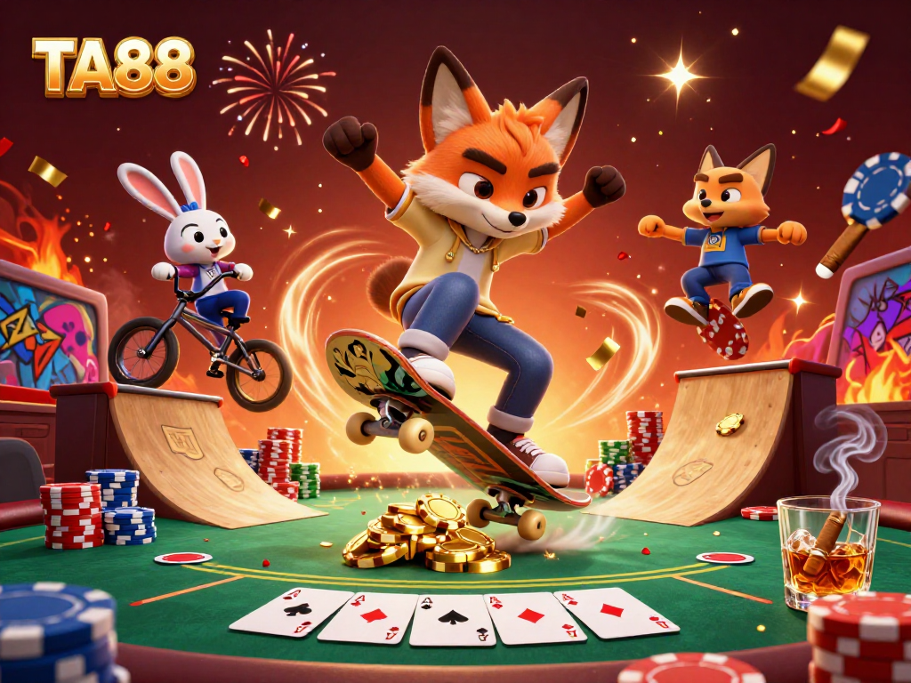 TA88 illustration of a skateboarder fox and BMX rabbit showcasing dynamic casino action