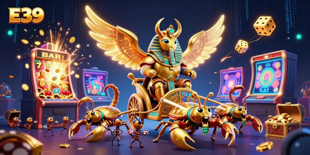 The E39 online casino features a vibrant 3D illustration of interactive gambling elements, showcasing thrilling games and jackpots.