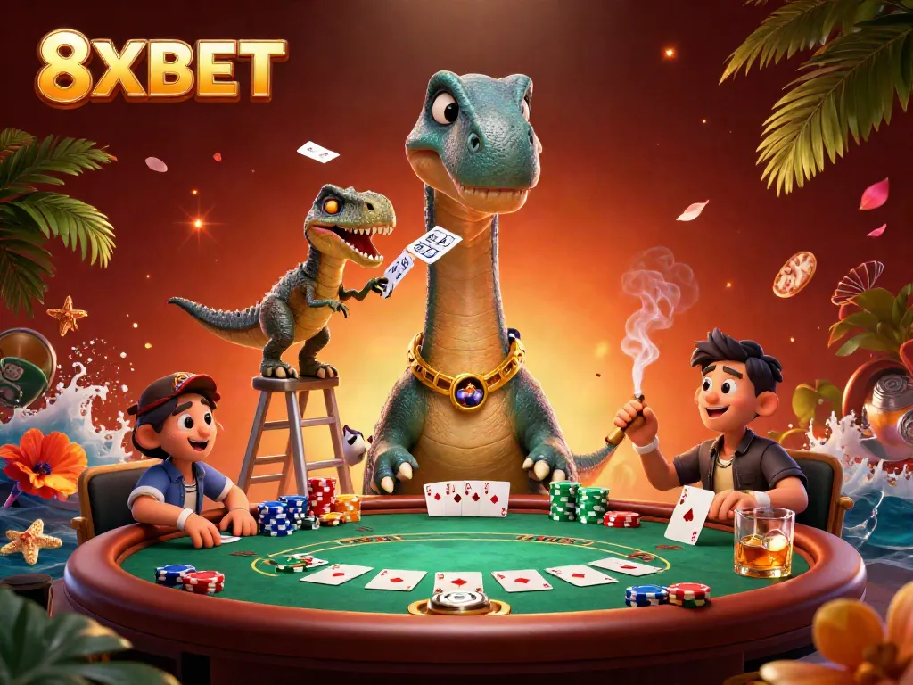 Experience thrilling moments with 8XBET, featuring a giant brontosaurus and energetic raptor at an exciting poker game.