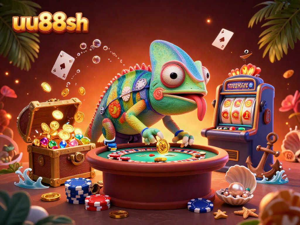 Experience thrilling gameplay with uu88sh's vibrant 3D chameleon casino queen in action, collecting golden coins.