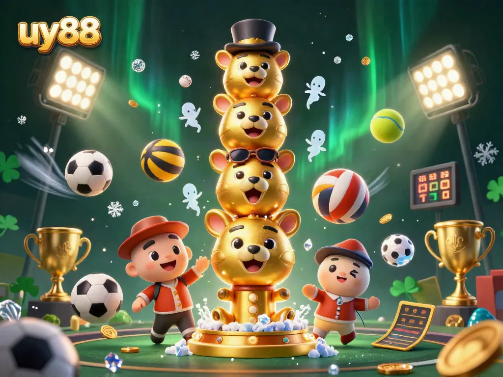 Spin and win with uy88 in a vibrant 3D casino gaming scene featuring dynamic sports betting elements.