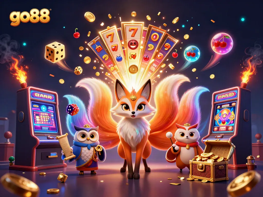Experience the magic of go88 with a vibrant jackpot of colors, characters, and excitement in this captivating casino scene.