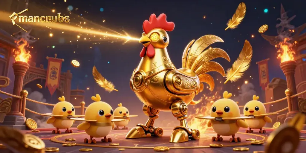 Engage with manclubs in this vibrant 3D casino scene featuring a golden rooster robot and dynamic game elements.