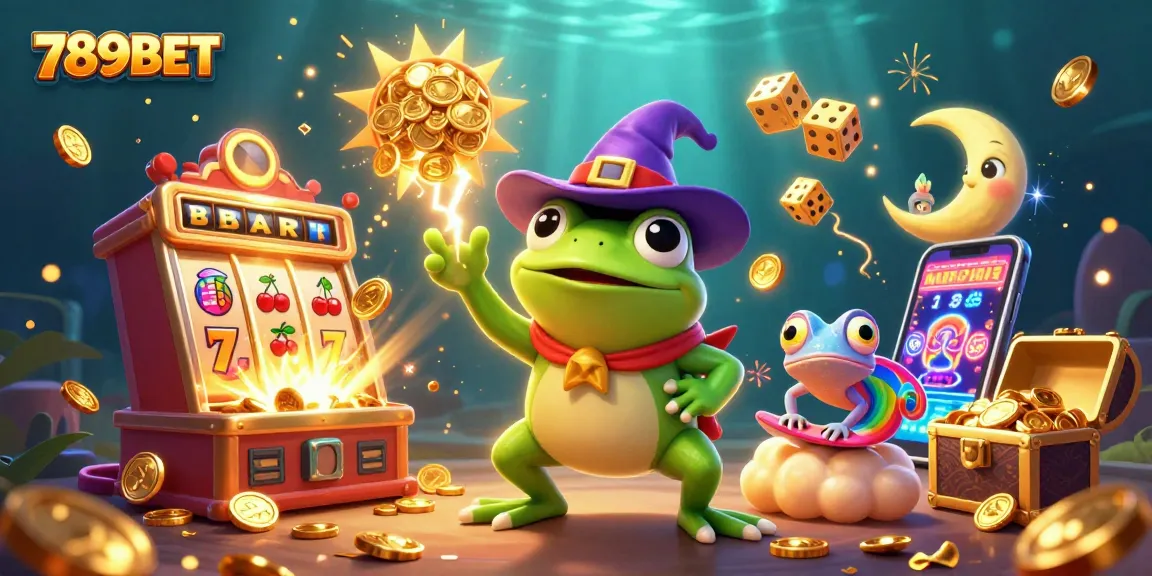 Experience the thrill with 789BET as the wizard frog conjures coins in a dynamic casino scene.