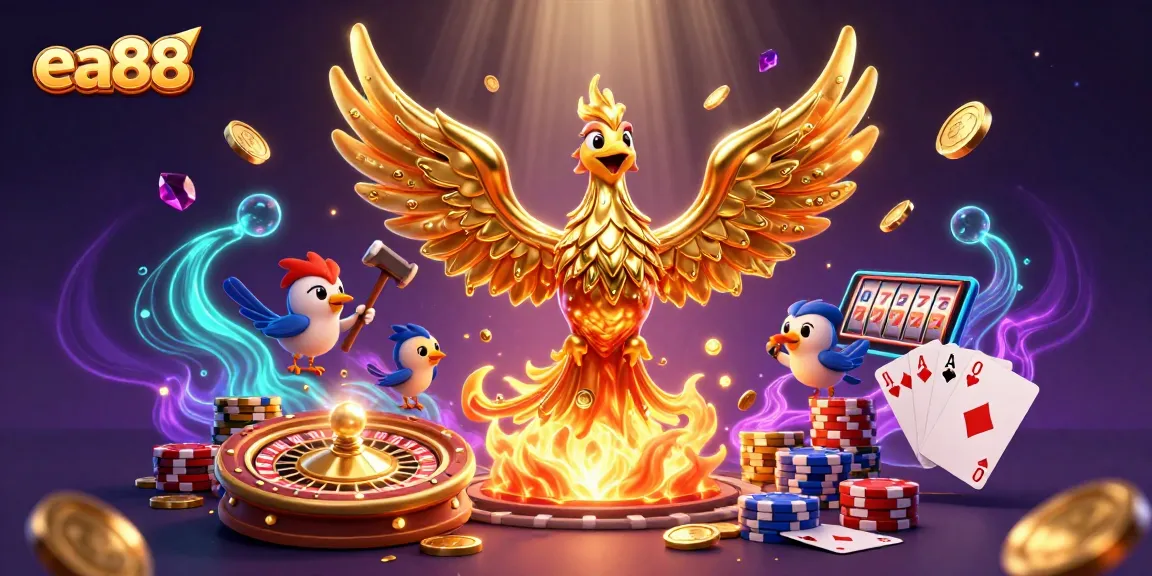 Experience thrilling gameplay with the ea88 casino featuring a molten metal phoenix, coins, and vibrant casino elements.