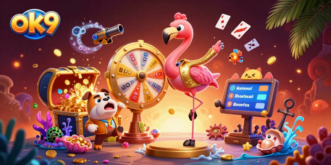 Spin and win with ok9 at this vibrant 3D casino scene showcasing lively characters, prizes, and action!