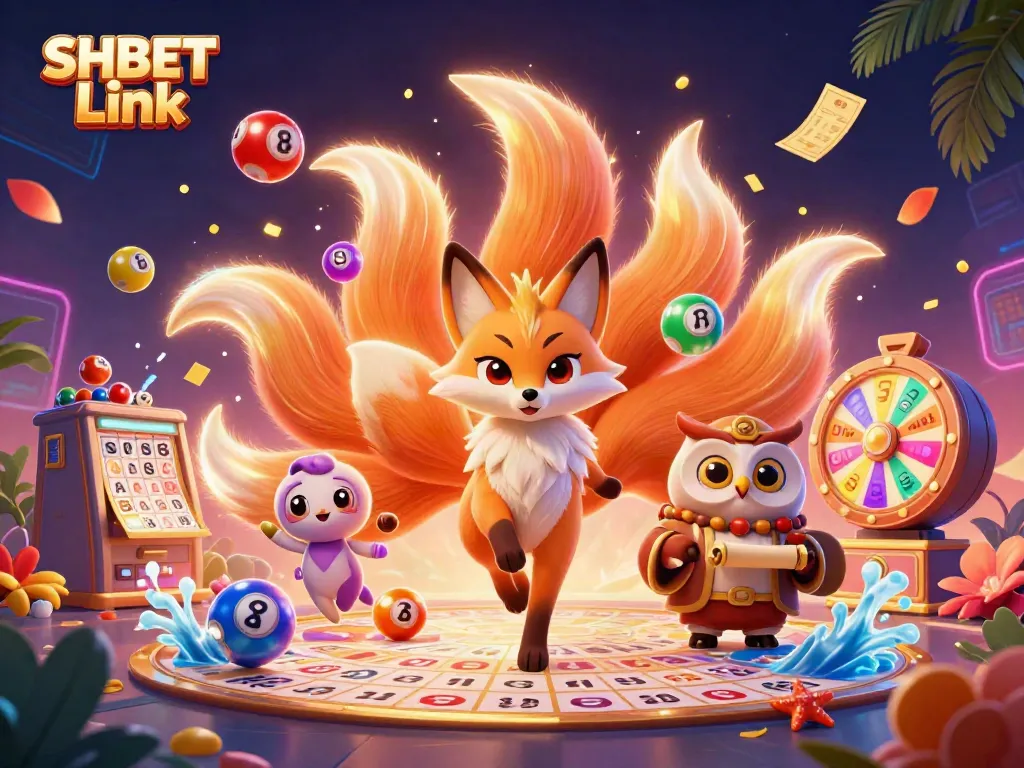 Play exciting games at SHBET Link with a vibrant illustration of a nine-tailed fox spirit and rich game elements.