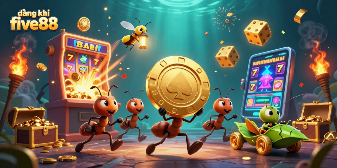 Engage in exciting gameplay with đăng ký five88, featuring a cartoon heist of ants and vibrant casino elements.
