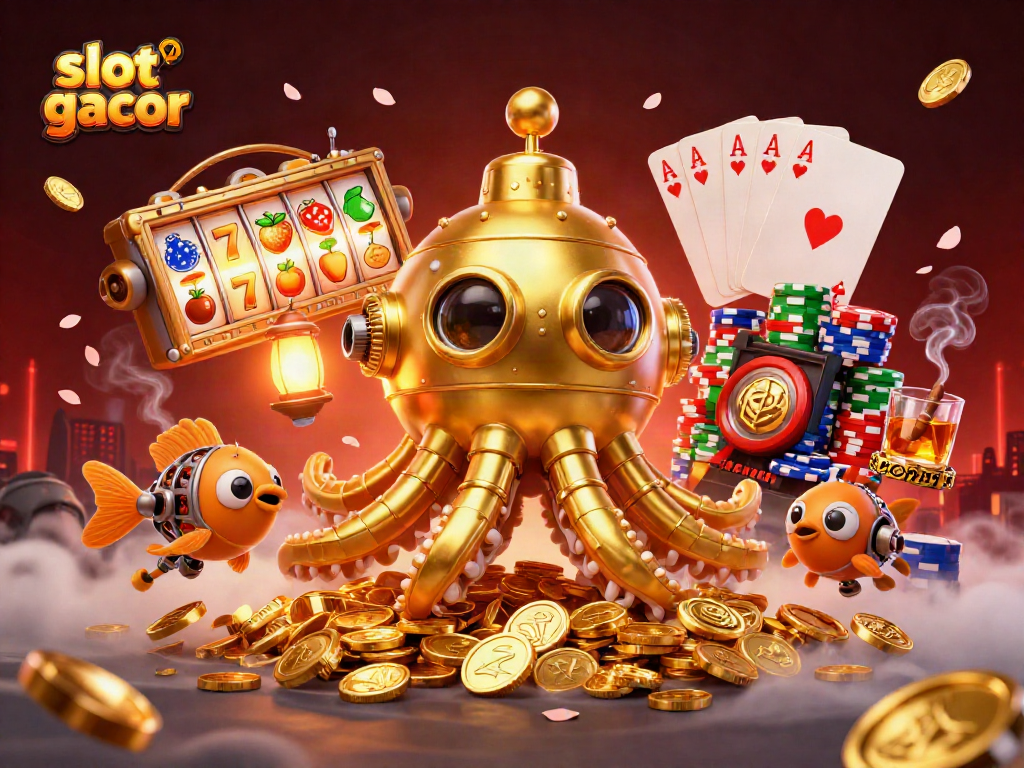 Engage with slot gacor strategy under a golden kraken submarine amidst vibrant casino elements.