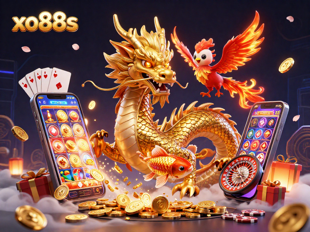 Capture the thrill of xo88s with a dynamic casino scene showcasing a dragon, phoenix, and koi fish.