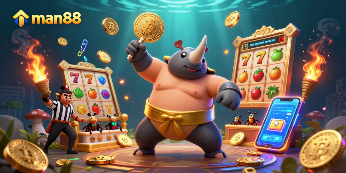 Experience man88's dynamic gameplay with a sumo champion beetle amidst golden coins, showcasing vibrant casino elements.