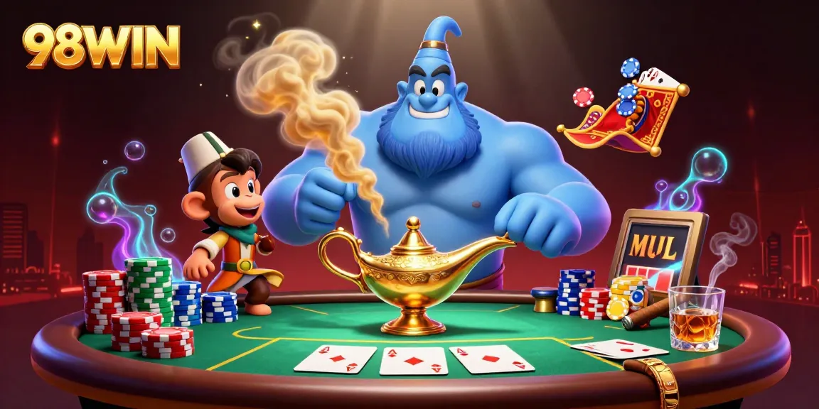 Engage with the fantastical world of gambling at 98WIN, illustrated with colorful poker elements and enchanting characters.